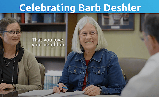 Barb Deshler, an old white woman who appeared in CCL's promo video, was a friend of Bill Barron's. She passed away earlier this year, and Bill honored her through this tour. She has a straight white bob and wears a blue jean jacket over a red blouse.